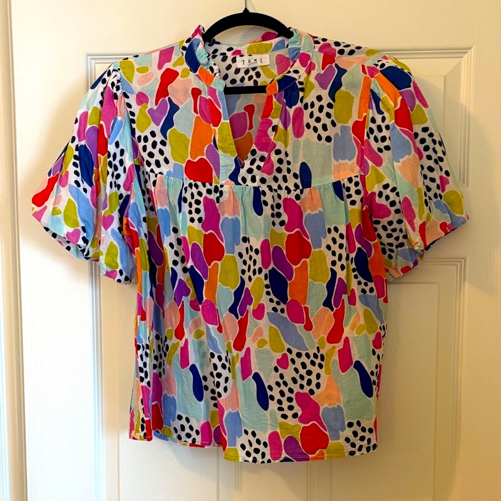THML Multicolor Abstract Dot Short Sleeve Blouse